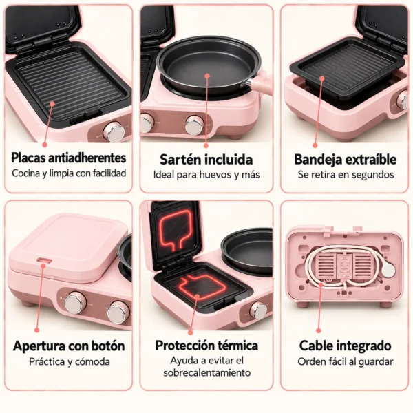Estación de Desayuno 3 en 1 1500W con Sandwichera, Sartén y Olla de 2 L
